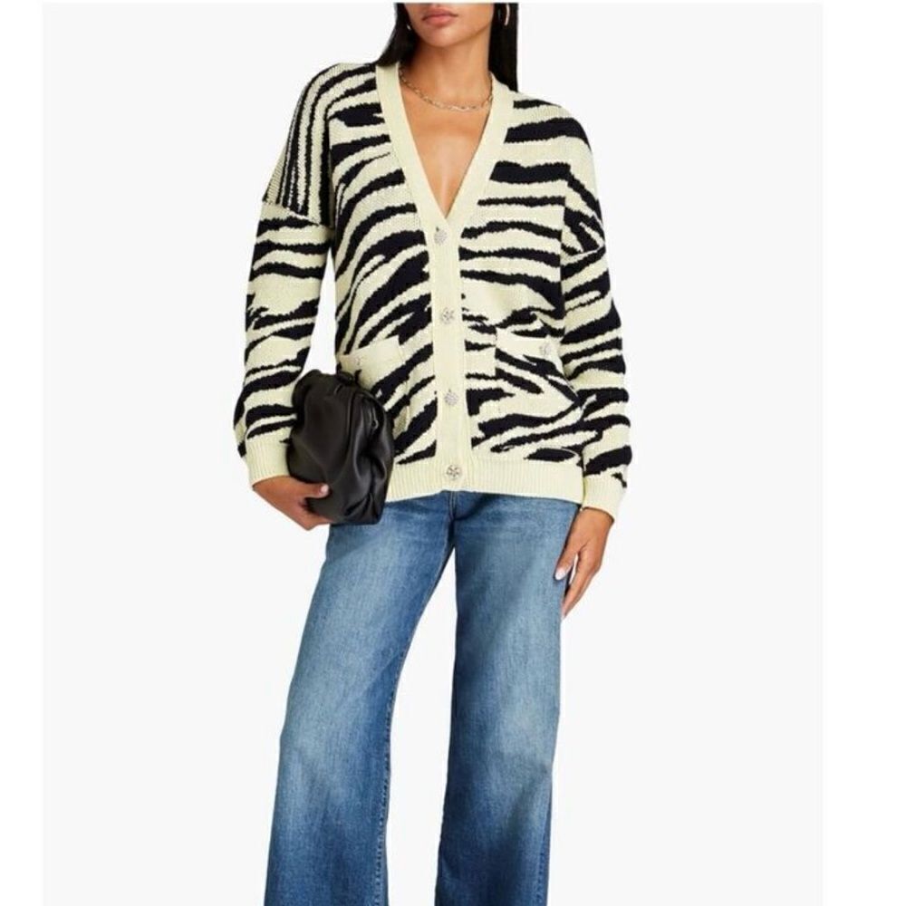 Maje Women’s Pale Yellow Zebra Printed Oversized Slouchy Glitzy Button Cardigan